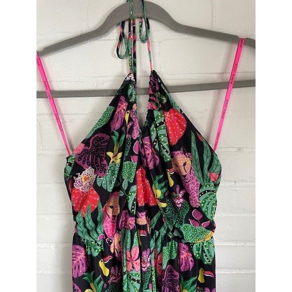 Betsey Johnson Tropical Jungle Leopard Toucan Halter Maxi Dress Black Pink Med - Picture 4 of 8